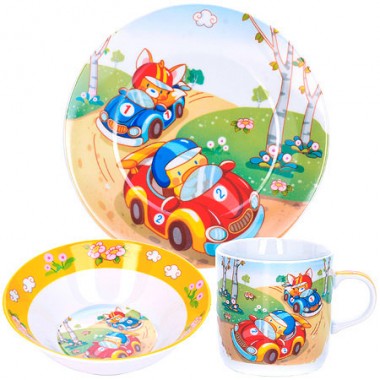 Набор детской посуды из фарфора &quot;Машинки&quot; Mayer&amp;Boch 3 предмета (тарелка суповая, тарелка обеденная, кружка) — Городок мастеров