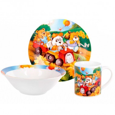 Набор детской посуды из керамики &quot;Медвежата&quot; (обеденная тарелка 19 см, глубокая тарелка 520 мл, кружка 220 мл) — Городок мастеров