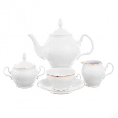 Сервиз чайный фарфоровый на 6 персон 17 предметов Bernadotte &quot;Белый узор&quot; отводка золото — Городок мастеров