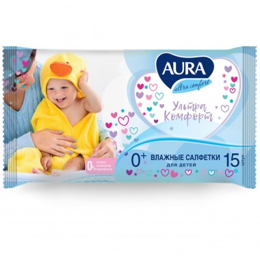 Влажные салфетки детские Aura Ultra Comfort 15 шт — Городок мастеров
