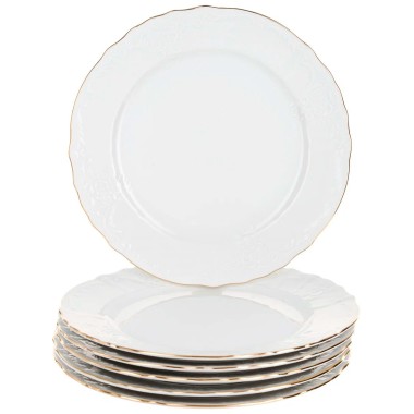 Набор тарелок обеденных 21 см &quot;Белый узор&quot; отводка золото Бернадотт 6 шт, фарфор — Городок мастеров