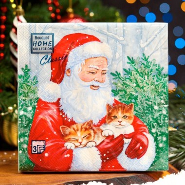 Бум/с 33*33 20шт 3сл НГ Home Collection Дед Мороз и котята — Городок мастеров